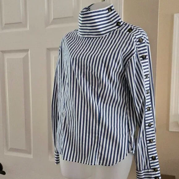 Veronica Beard Fauri Striped Off-The-Shoulder Long Sleeve Shirt Size 4 - Picture 3 of 16